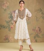 Ivory embroidered mul chanderi anarkali set