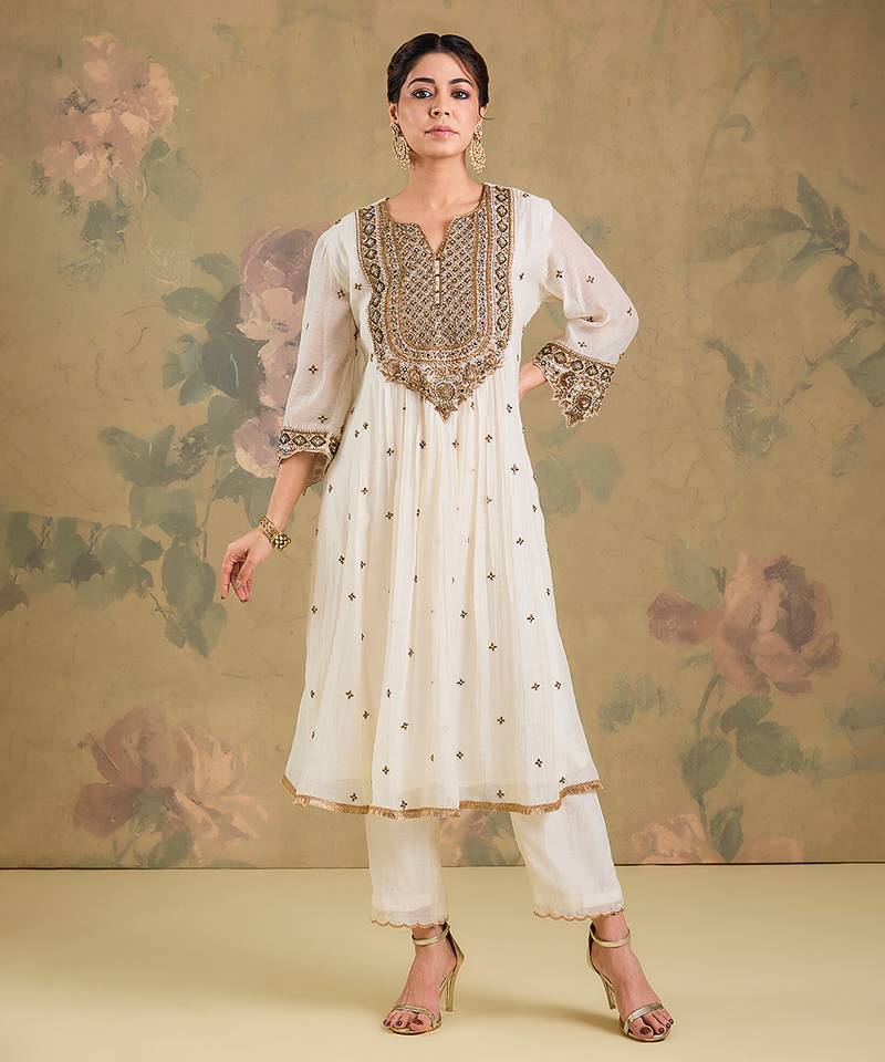 Ivory embroidered mul chanderi anarkali set