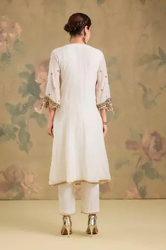 Ivory embroidered mul chanderi anarkali set