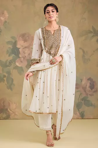 Ivory embroidered mul chanderi anarkali set