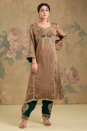 Light brown embroidered satin organza kurta set