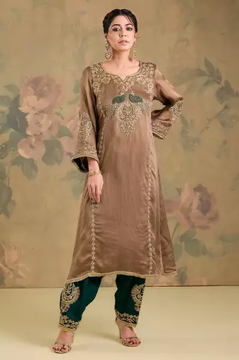 Light brown embroidered satin organza kurta set