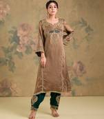 Light brown embroidered satin organza kurta set