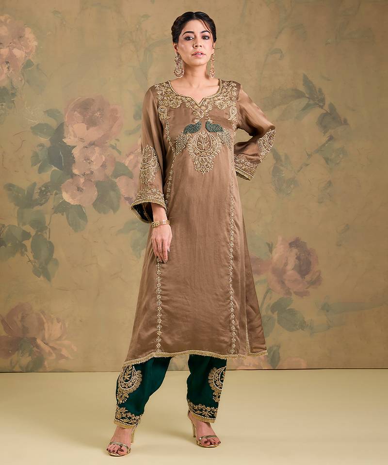 Light brown embroidered satin organza kurta set