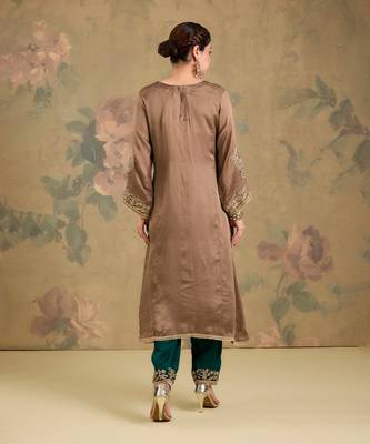 Light brown embroidered satin organza kurta set 2
