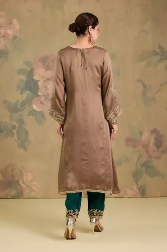 Light brown embroidered satin organza kurta set