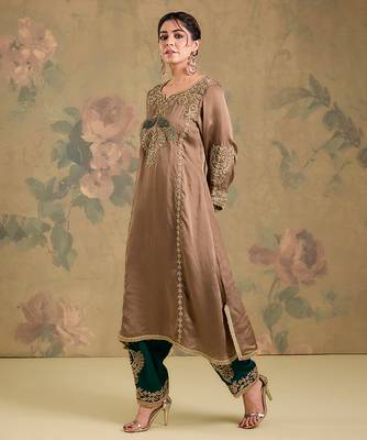 Light brown embroidered satin organza kurta set 3