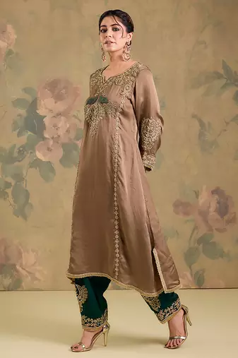 Light brown embroidered satin organza kurta set