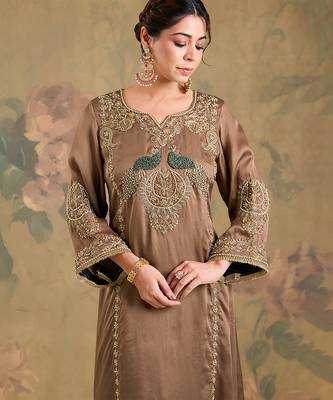 Light brown embroidered satin organza kurta set 5