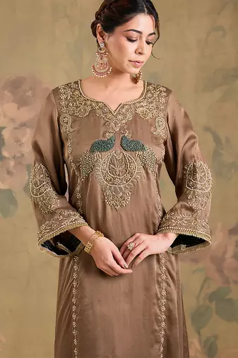 Light brown embroidered satin organza kurta set