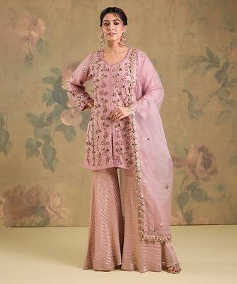 Blush pink embroidered silk georgette sharara set 1