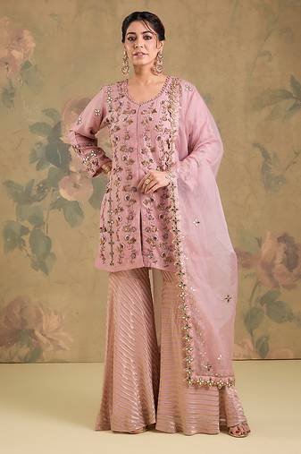 Blush pink embroidered silk georgette sharara set