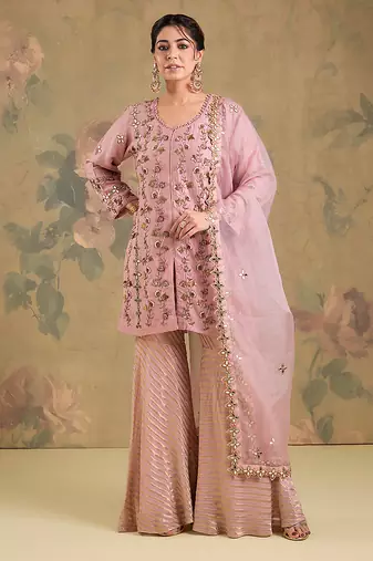 Blush pink embroidered silk georgette sharara set