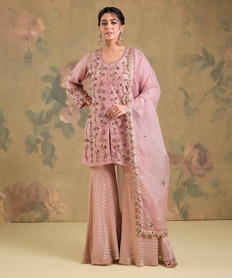 Blush pink embroidered silk georgette sharara set