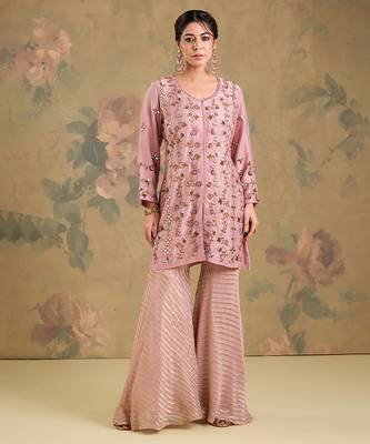Blush pink embroidered silk georgette sharara set 3