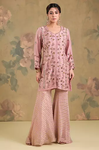 Blush pink embroidered silk georgette sharara set