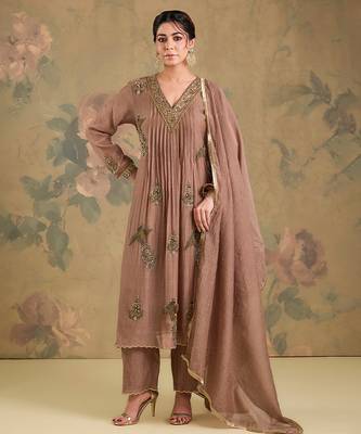 Light brown embroidered mul chanderi anarkali set 1