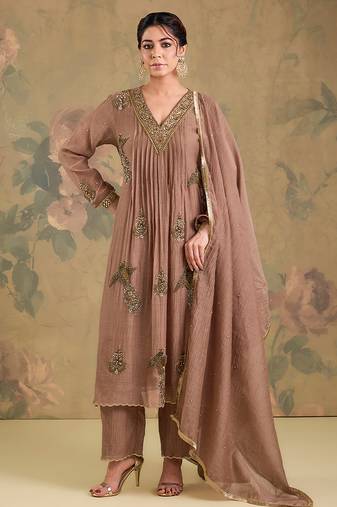 Light brown embroidered mul chanderi anarkali set