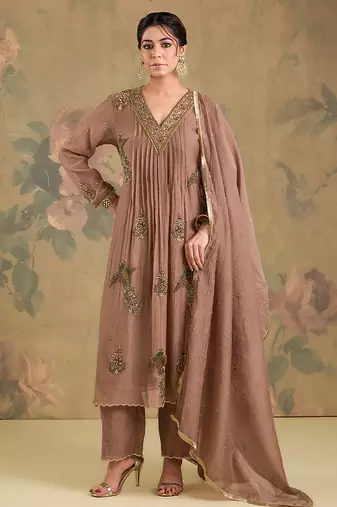 Light brown embroidered mul chanderi anarkali set