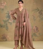 Light brown embroidered mul chanderi anarkali set