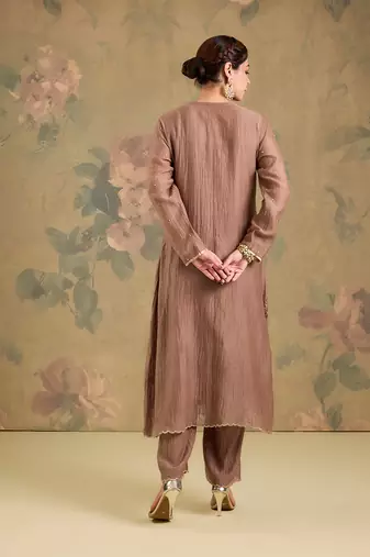 Light brown embroidered mul chanderi anarkali set