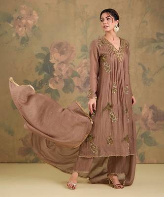 Light brown embroidered mul chanderi anarkali set 3