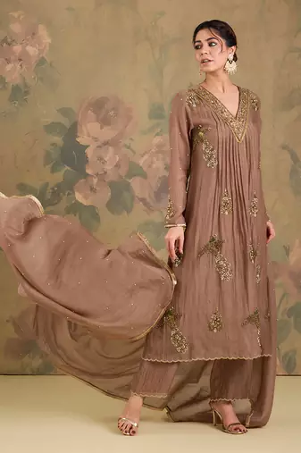 Light brown embroidered mul chanderi anarkali set