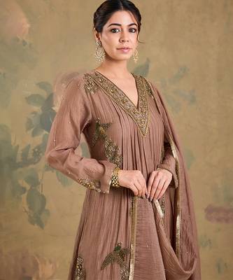 Light brown embroidered mul chanderi anarkali set 5