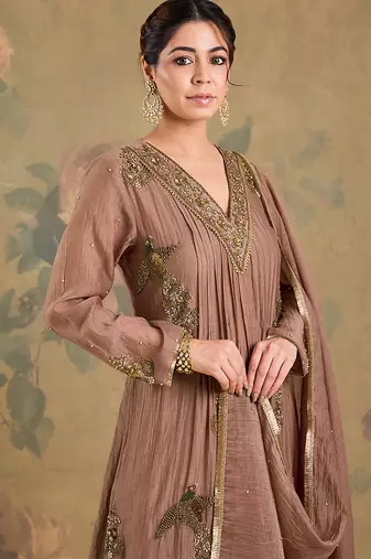 Light brown embroidered mul chanderi anarkali set