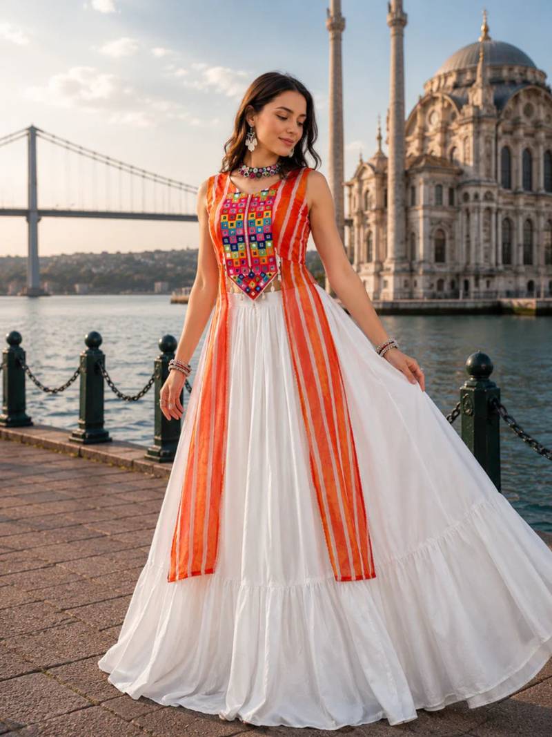 Orange Color Leheriya Prints Kurtis With Traditional Lehenga Sets
