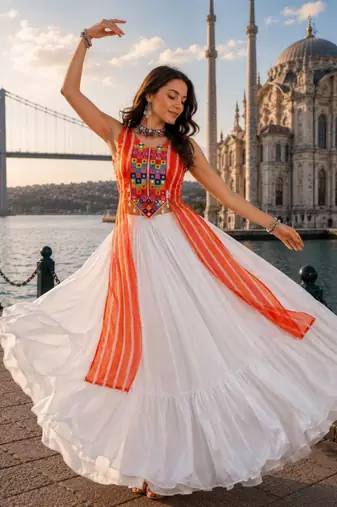Orange Color Leheriya Prints Kurtis With Traditional Lehenga Sets