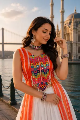 Orange Color Leheriya Prints Kurtis With Traditional Lehenga Sets
