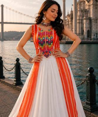 Orange Color Leheriya Prints Kurtis With Traditional Lehenga Sets 4