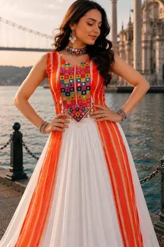 Orange Color Leheriya Prints Kurtis With Traditional Lehenga Sets