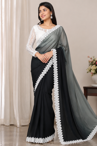 Grey Color White Chikkan Less Border Silk Blend Saree