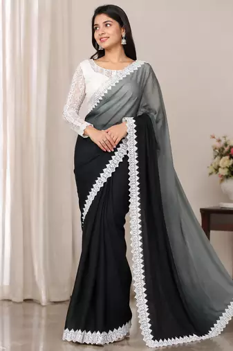 Grey Color White Chikkan Less Border Silk Blend Saree