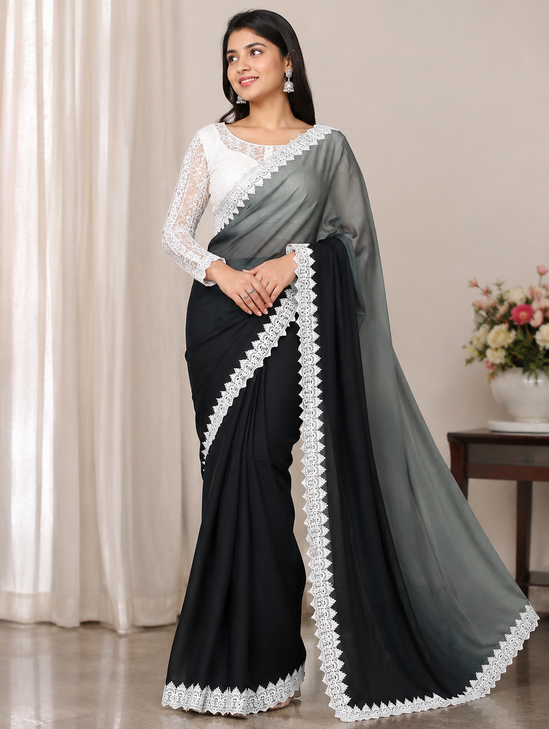 Grey Color White Chikkan Less Border Silk Blend Saree