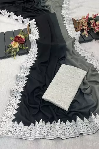Grey Color White Chikkan Less Border Silk Blend Saree