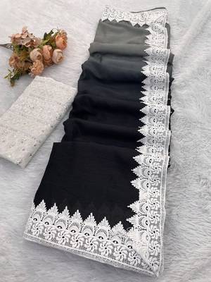 Grey Color White Chikkan Less Border Silk Blend Saree 3