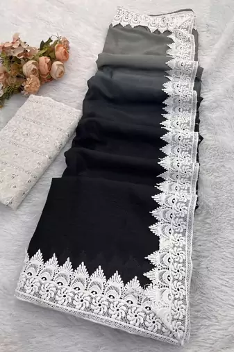 Grey Color White Chikkan Less Border Silk Blend Saree