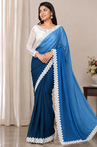 Teal Color White Chikkan Less Border Silk Blend Saree