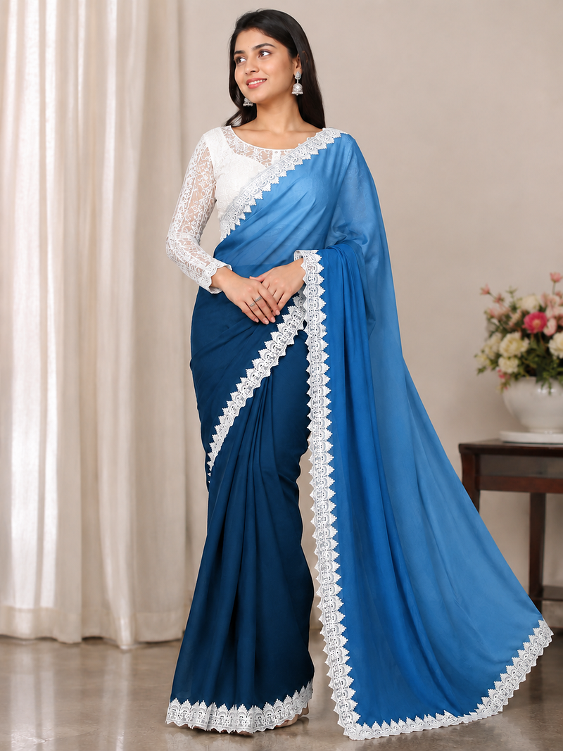 Teal Color White Chikkan Less Border Silk Blend Saree