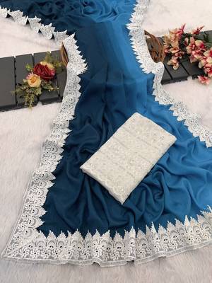 Teal Color White Chikkan Less Border Silk Blend Saree 2