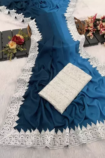 Teal Color White Chikkan Less Border Silk Blend Saree