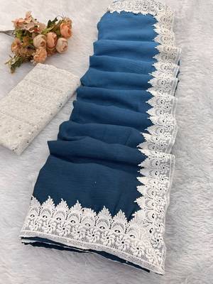 Teal Color White Chikkan Less Border Silk Blend Saree 3