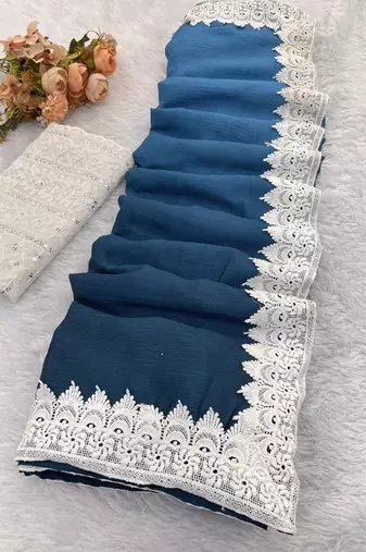 Teal Color White Chikkan Less Border Silk Blend Saree
