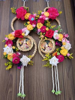  radha krishna floral wall hanging decorative door hanging with artificial flowers pearl tassels 1