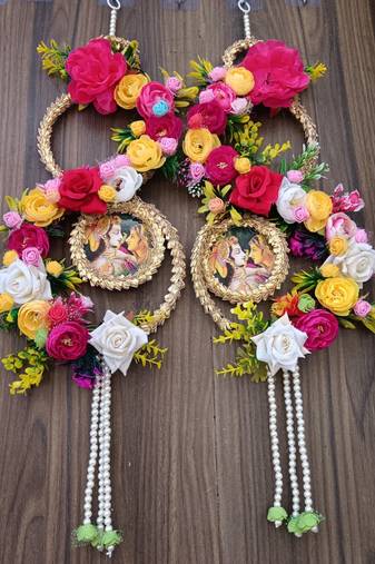  radha krishna floral wall hanging decorative door hanging with artificial flowers pearl tassels