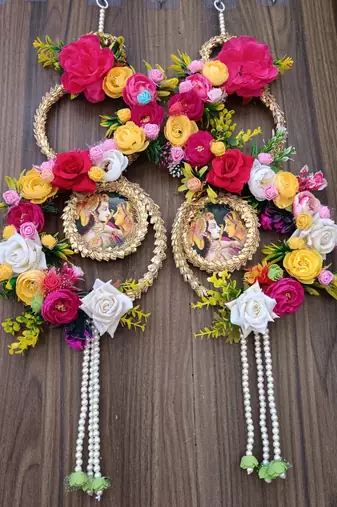  radha krishna floral wall hanging decorative door hanging with artificial flowers pearl tassels