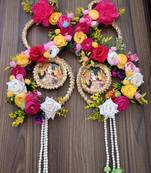  radha krishna floral wall hanging decorative door hanging with artificial flowers pearl tassels